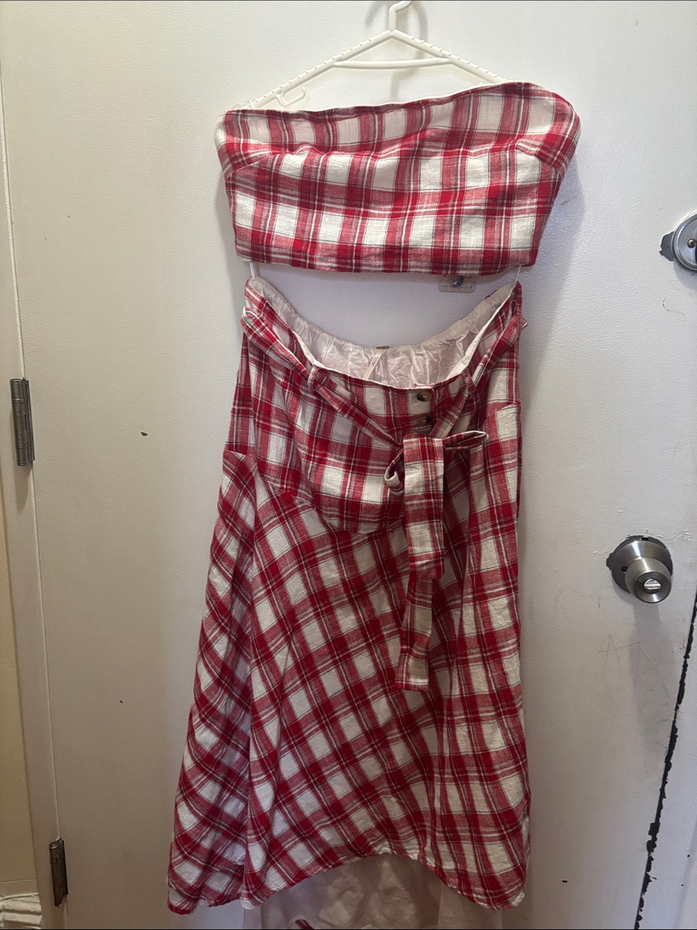 Free People Red and White Plaid Midi Skirt set with top strapless